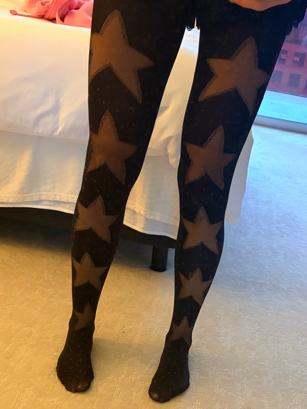 Free People Black Star Pattern Sheer Tights with gold sparkle
